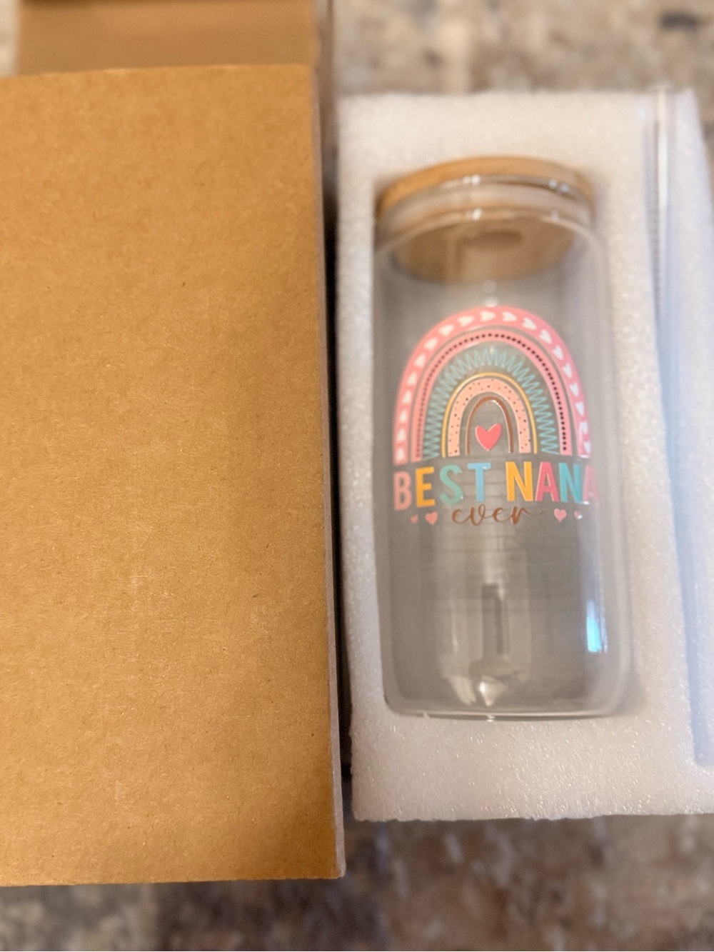 New In Box Best Nana Ever Nutrition Facts Glass Tumbler with Straw Wood Top- OS